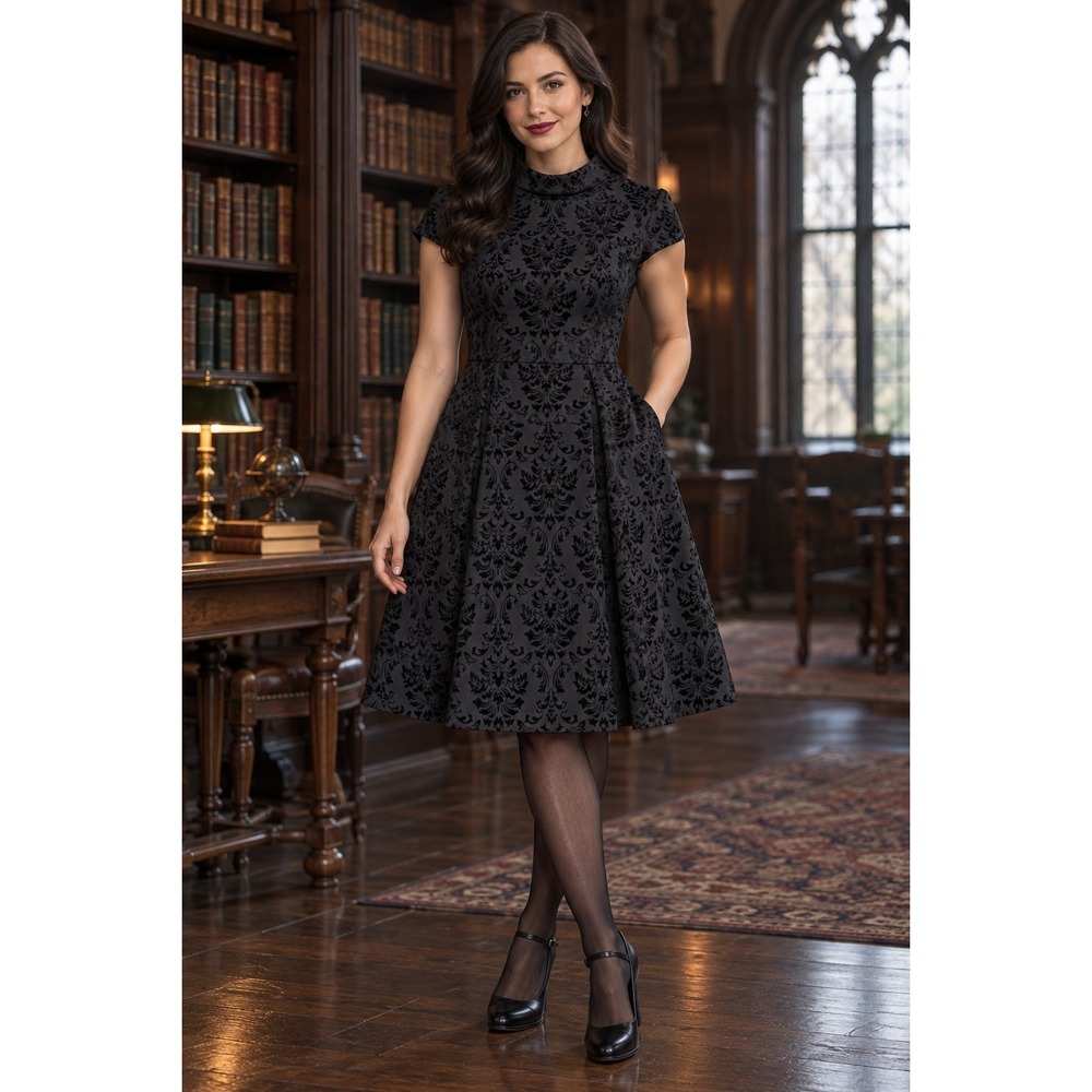 Eliza J Black Flocked Damask Mock Neck Fit & Flare Dress Sz 8 Dark Academia Goth